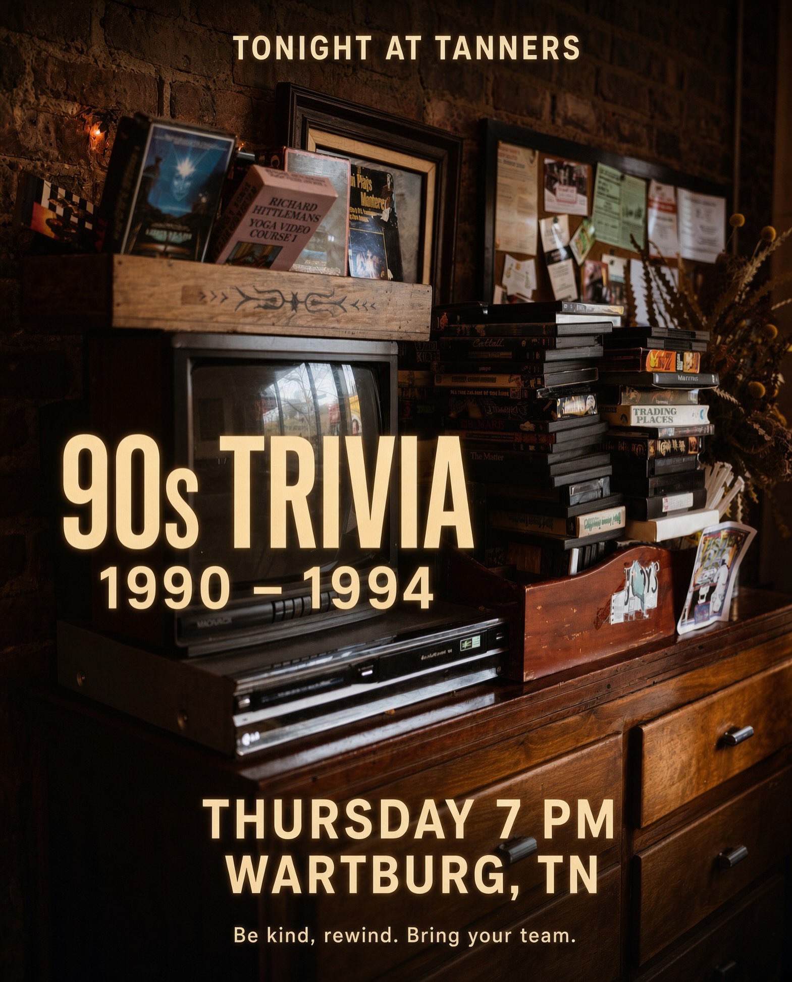 Early ’90s Trivia TONIGHT at Tanners
1990 to 1994 only.
Thursday • 7 PM
Tanners Historic Cafe • Wartburg, TN
Grab a table, grab a team, and see who still remembers the first half of the decade.
#90sTrivia #TriviaNight #TannersWartburg #WartburgTN #1990s EastTennessee